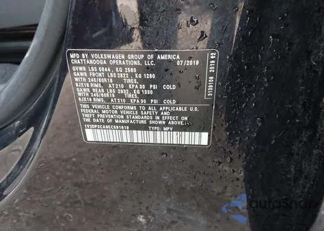 2019 Volkswagen Atlas 2.0T Se from USA, damaged, VIN 1V2DP2CA9KC591619